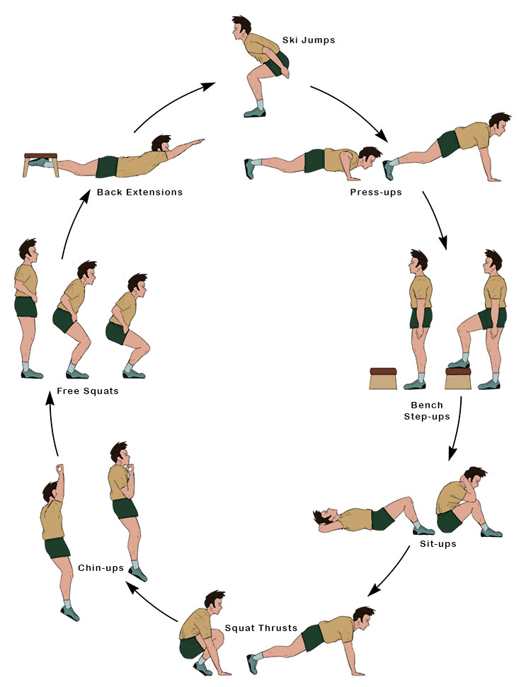 Here below is an example of a typical circuit training regime